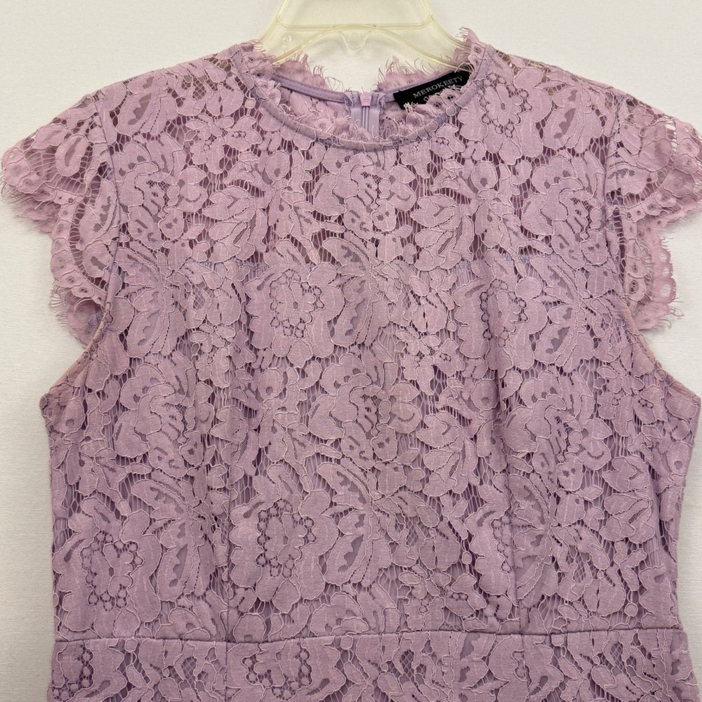 MEROKEETY Lace Sheath‎ Dress Womens L Lavender Floral Cap Sleeve Wedding Guest